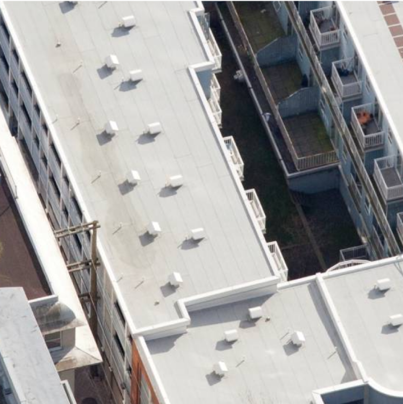 Aerial view of Siplast waterproofing materials on Jubilee House in British Columbia