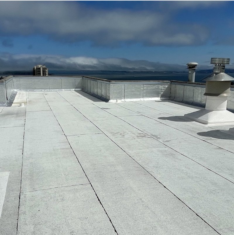 Aerial view of a commercial roof with parapets