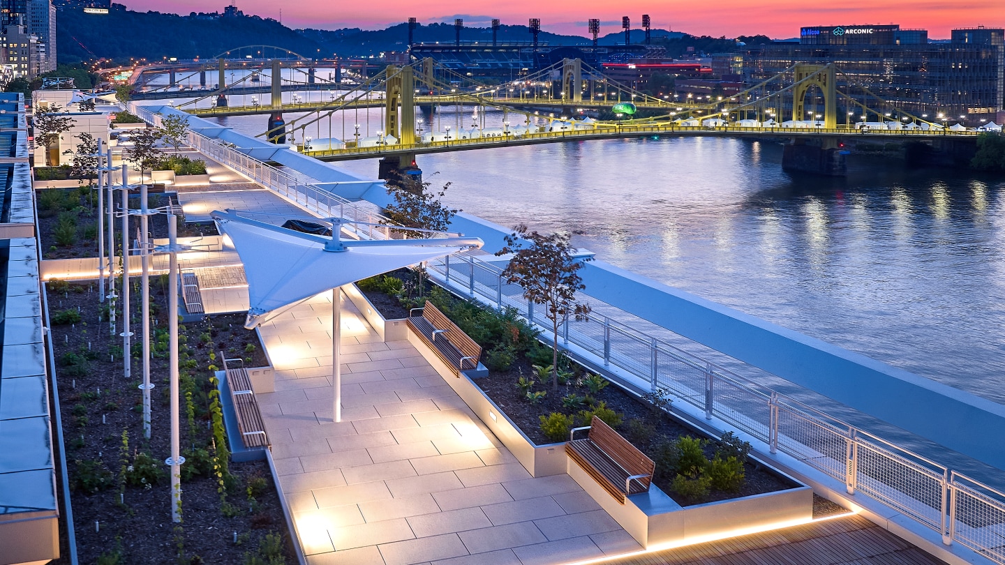 Exterior photography of the DLCC roof garden and deck with concrete and wood pavers