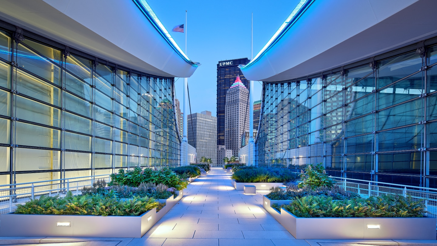 Patio view of David L. Lawrence Convention Center at night