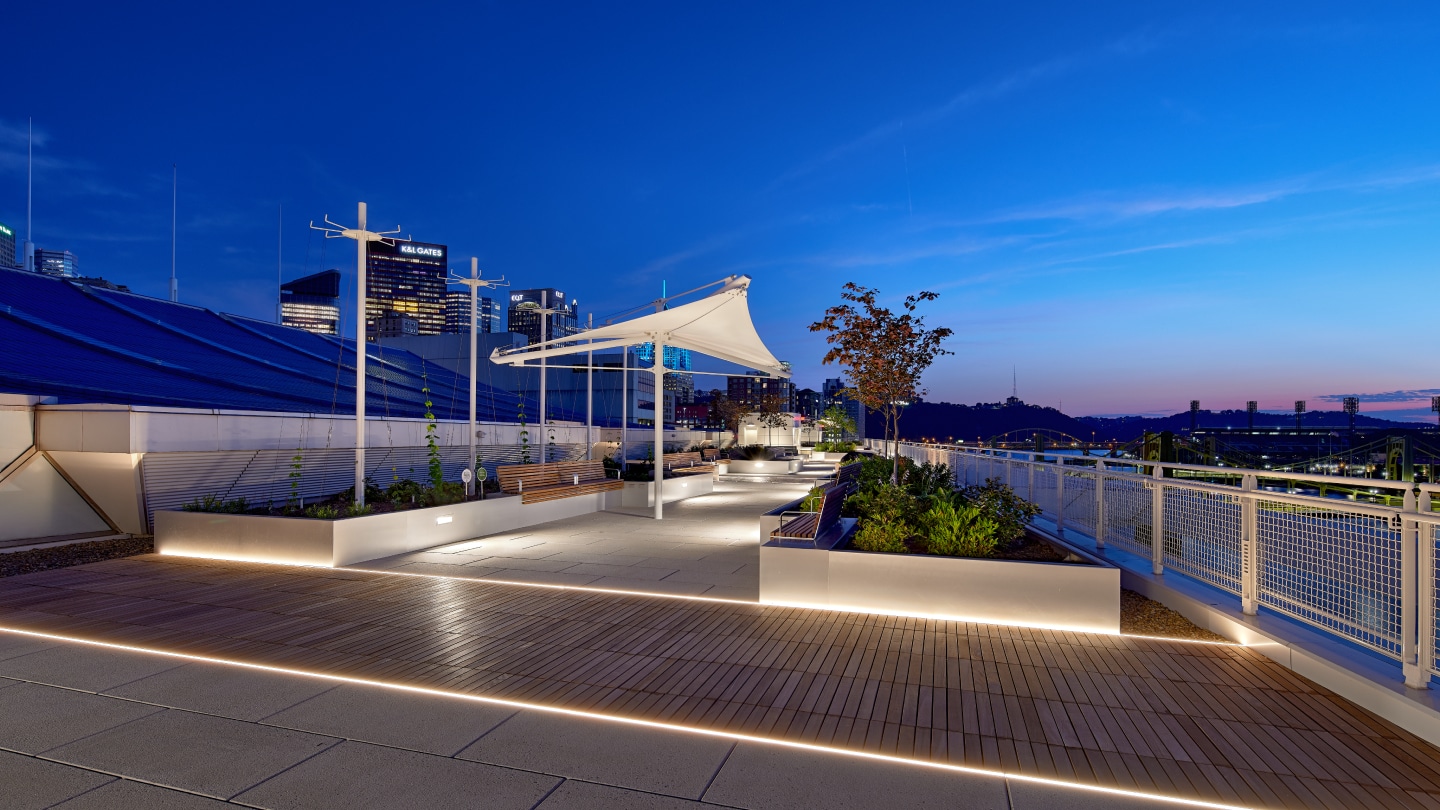 Patio view of David L. Lawrence Convention Center at night