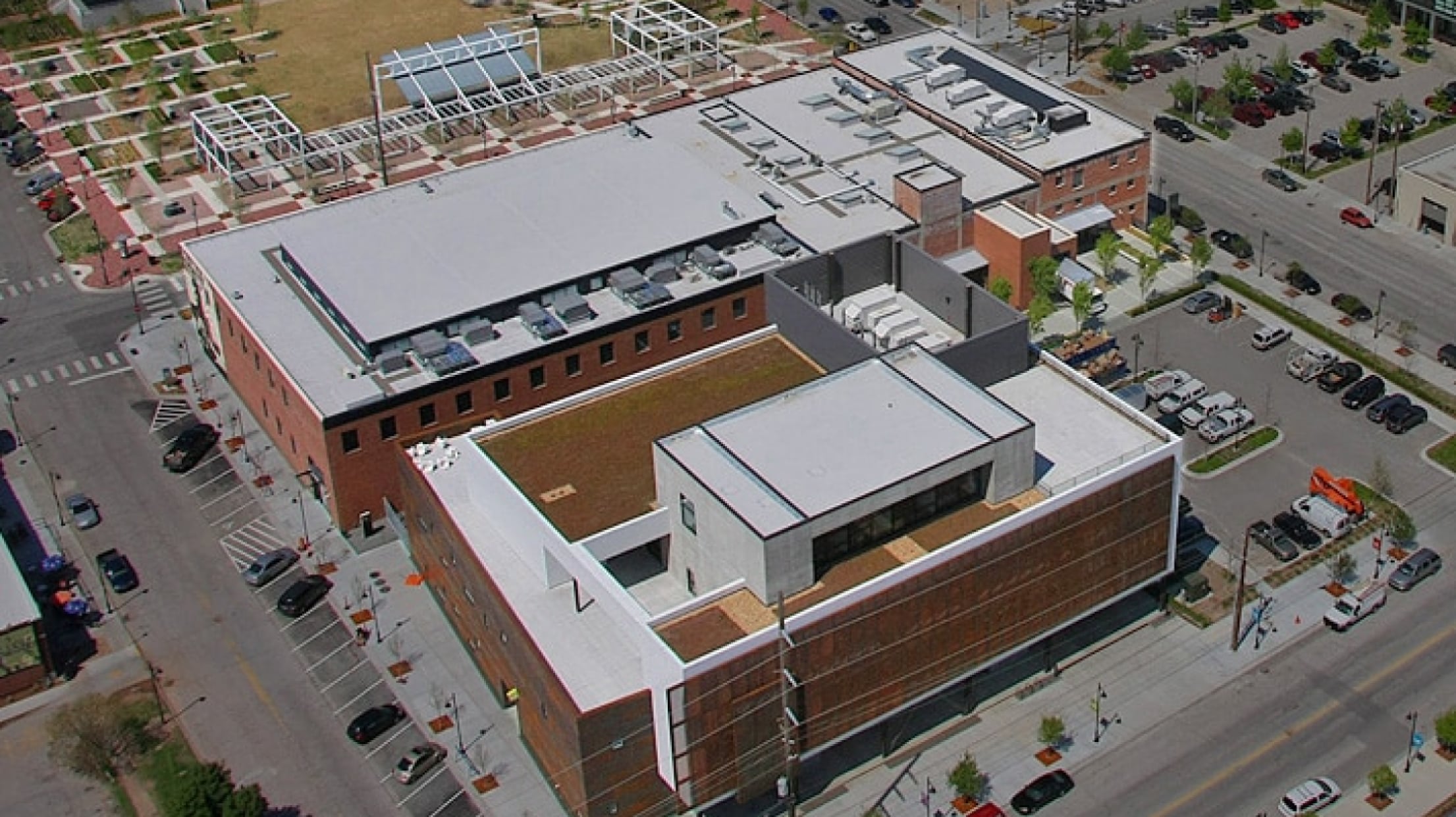 Aerial view of Hardesty Arts Center using Siplast vegetated roof solution