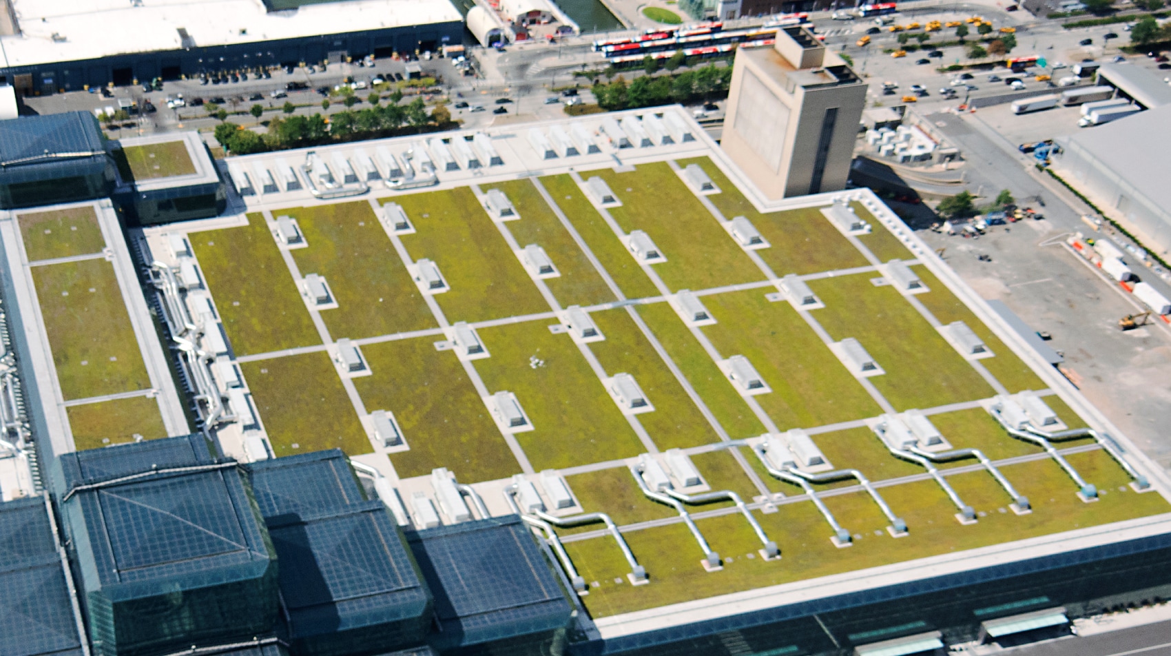 Aerial view of Siplast integrated stormwater control on commercial roof