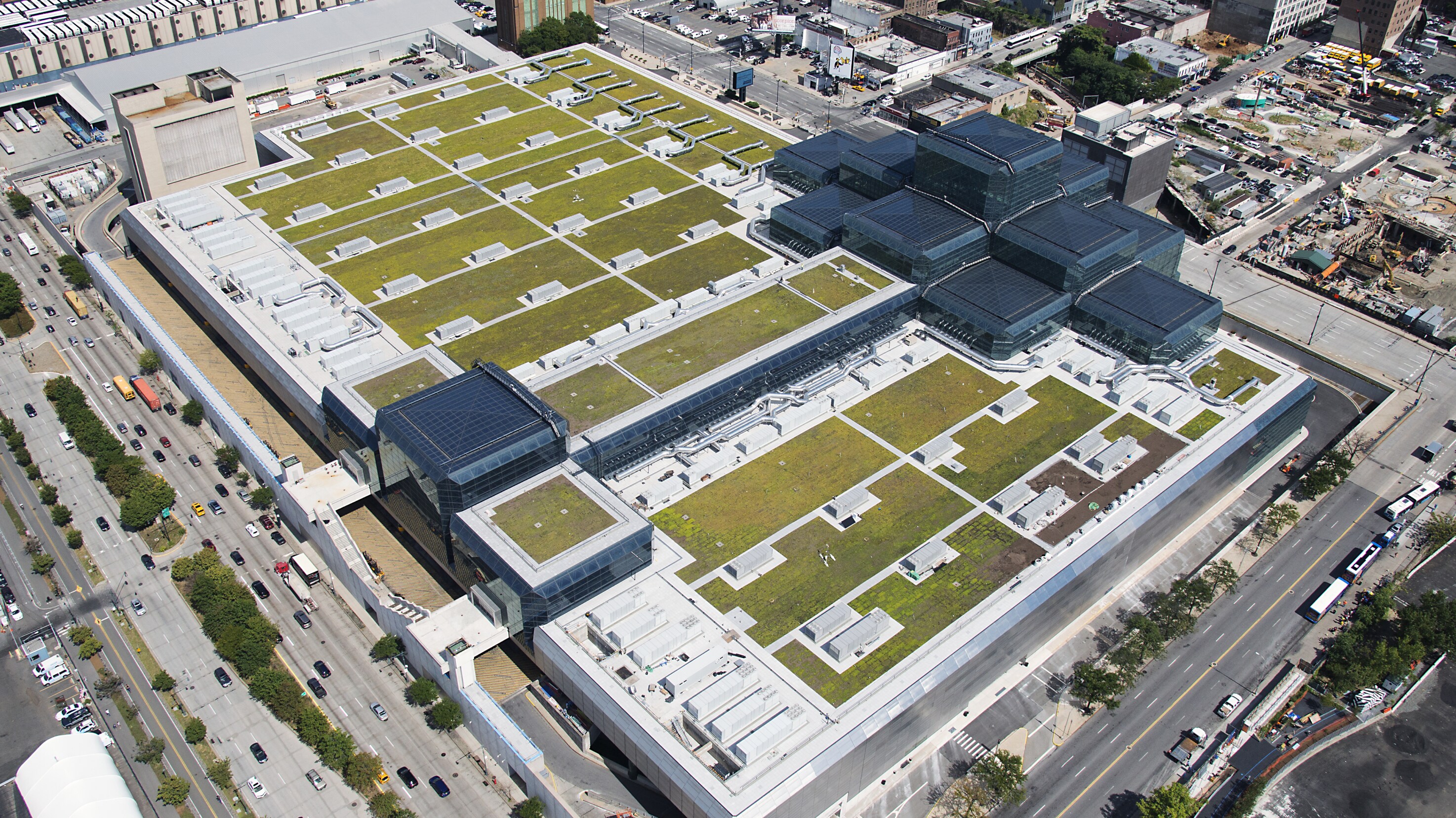 Aerial view of Jacob K. Javits Convention Center with Siplast vegetated roof products