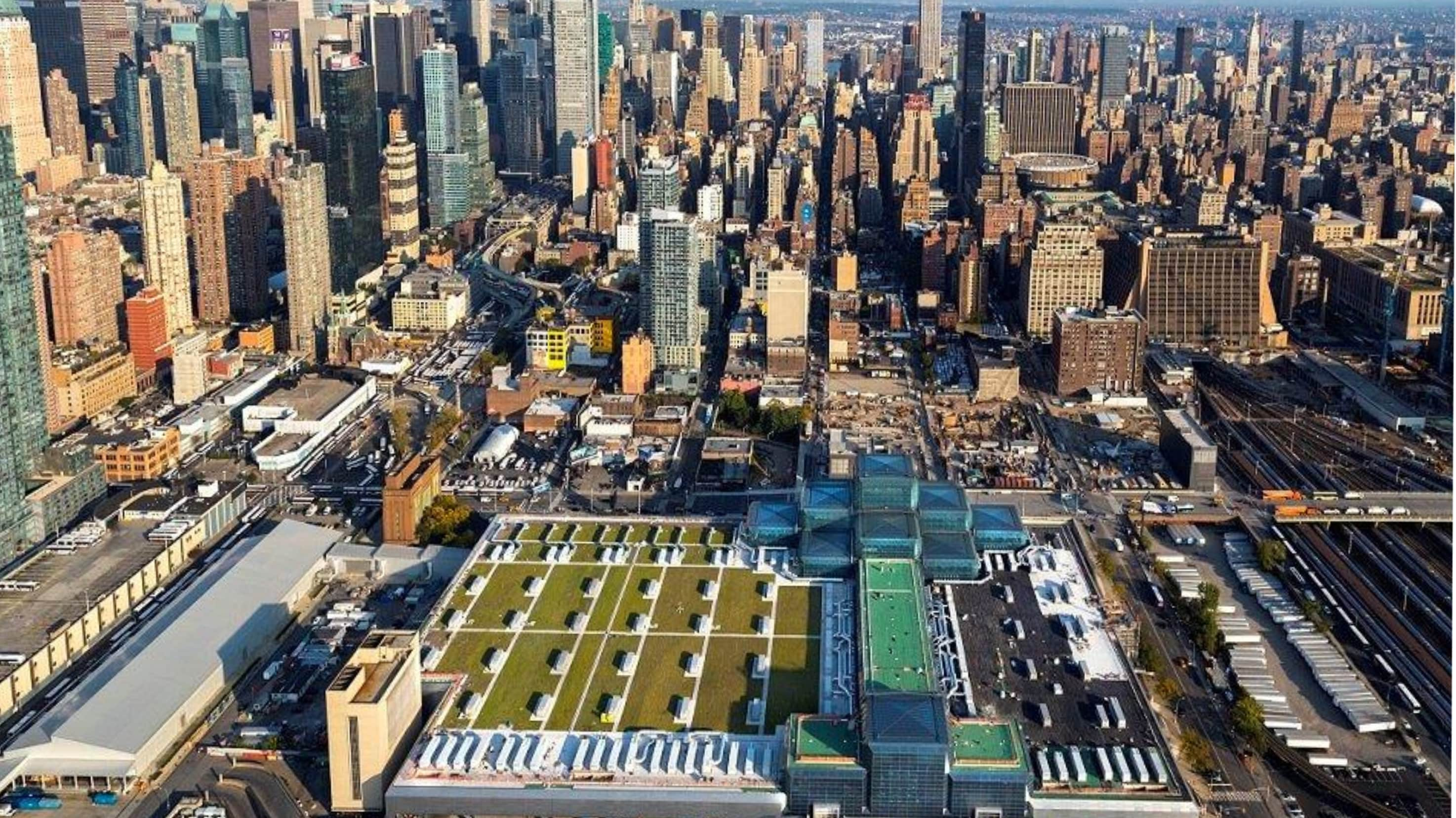 Aerial view of Jacob K. Javits Convention Center with Siplast vegetated roof products